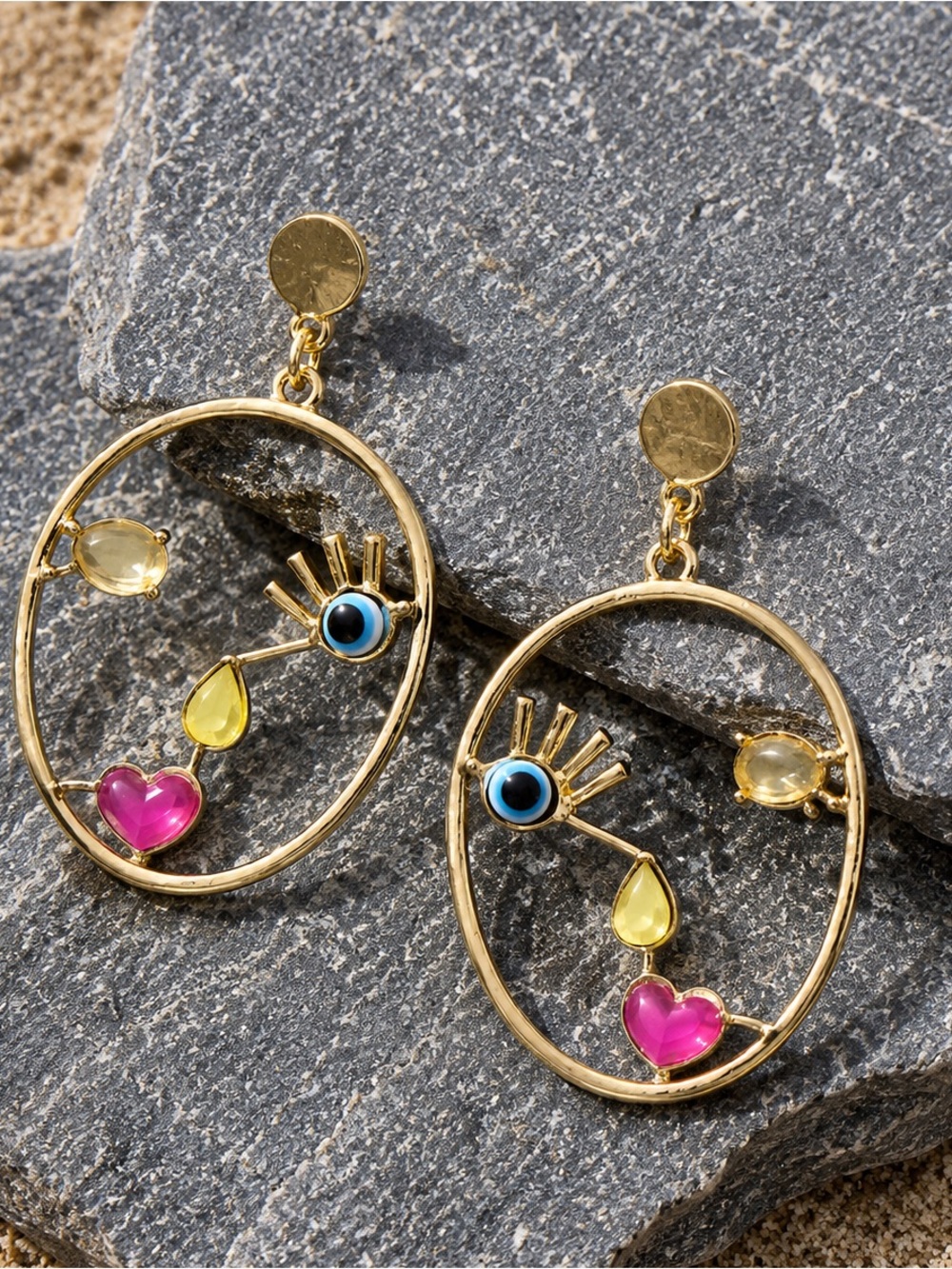 Gold-tone Face Drop Earrings with Pink, Yellow & Blue Accents - Picture 1 of 5